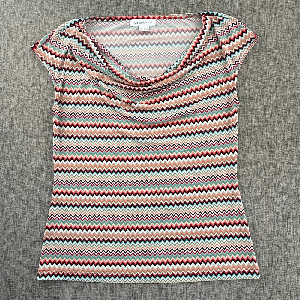 Liz Claiborne Stretch Top Zigzag Chevron Print Cowl Neck Small Pullover Multicol